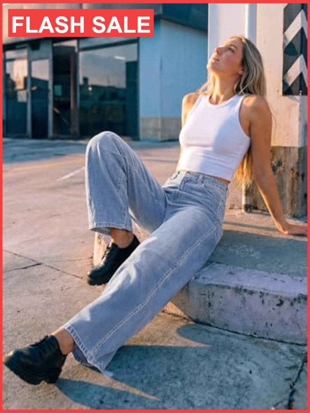 High Rise Wide Leg Barrel Jeans with Curved Hem, Slant Pockets, Stretch Denim - Picture 6 of 6